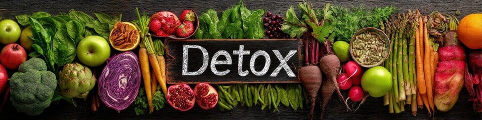 Detox Sign Surrounded by Colorful Fruits and Vegetables: Carrots, Grapefruit, Pomegranate, Berries, and Apples