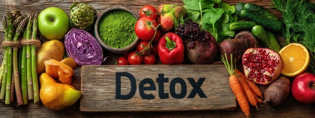 Detox Sign Surrounded by Colorful Fruits and Vegetables: Carrots, Grapefruit, Pomegranate, Berries, and Apples
