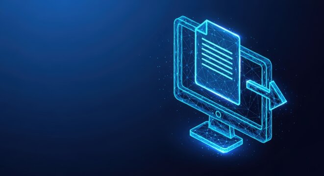 Glowing blue computer monitor with a digital document icon