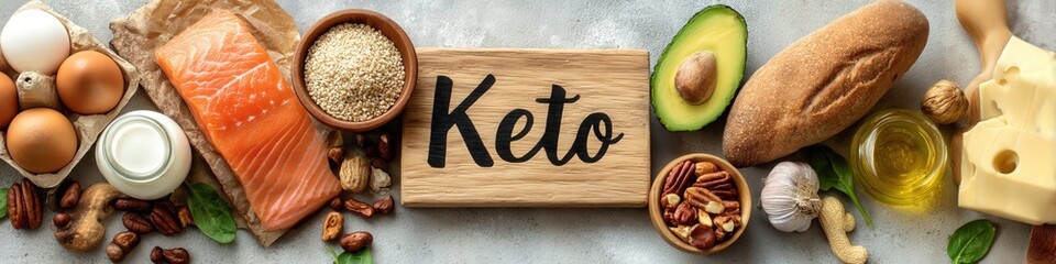 Keto Diet Food Set: Meat, Salmon, Cheese, Eggs, Avocado, Nuts, and Seeds