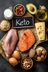 Keto Diet Food Set: Meat, Salmon, Cheese, Eggs, Avocado, Nuts, and Seeds