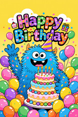 Vibrant illustration of a blue monster wearing a party hat, surrounded by balloons and confetti, enthusiastically celebrating a birthday with a large decorated cake.