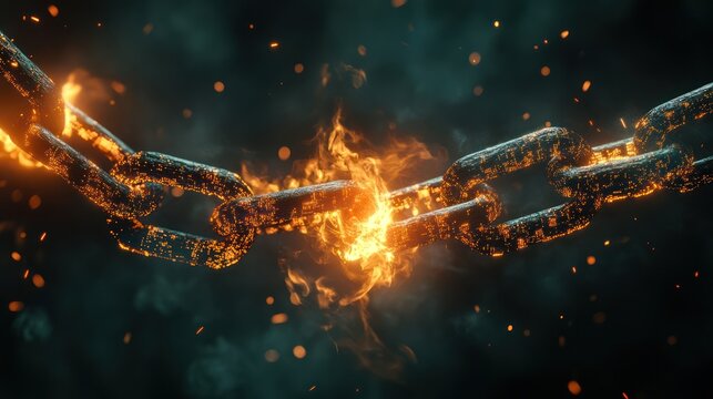 Burning Chain Breaking Free; dramatic image of a chain in flames, against a dark background. Possible use Stock photo for breaking free, freedom, overcoming obstacles