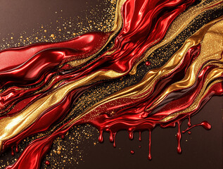 Molten Crimson and Gold Abstract Flow &mdash; Metallic Liquid Art in Motion