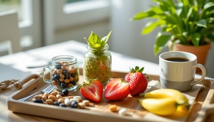 a breakfast spread is set out on a table with a window view. the meal includes toast, fruit, coffee in a cup, yogurt in a jar, and nuts