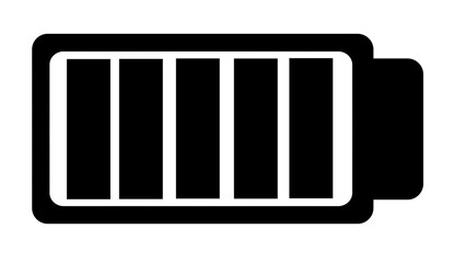 Full black battery icon on transparent background, power symbol, simple design