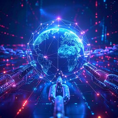 Fototapeta premium Digital representation of Earth with glowing network connections during a futuristic technology presentation