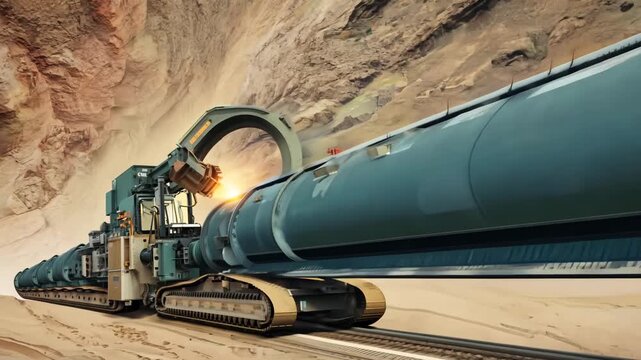 Cross-section giant tunnel boring machine drilling underground layers earth rock, drill cutting through geological strata, professional construction engineering realistic 4K ultra HD animation
