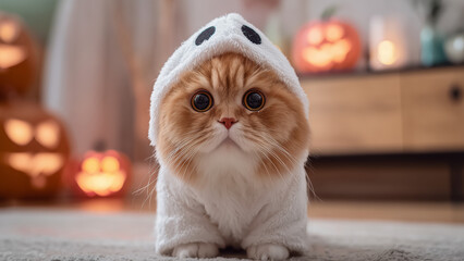 Adorable fat ginger cat wearing ghost costume, walking awkwardly in Halloween decorated room, funny cute orange cat photography, festive pet portrait, 4K HDR image