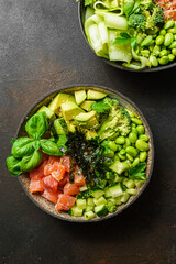 salmon, avocado and edamame bean bowl