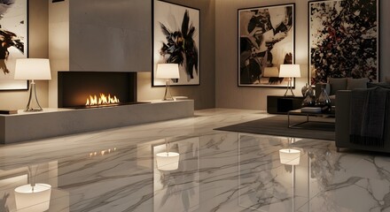 Luxury Modern Living Room with Marble Floor and Abstract Art Decor