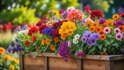 Colorful flowers spill out of a garden planter overflowing with blooms of every hue
