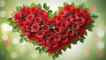 heart wrapped in red roses with green foliage