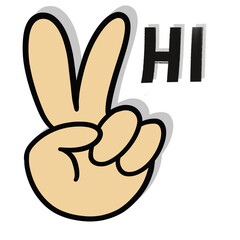 Hand making V sign with the word Hi, greeting gesture, playful design