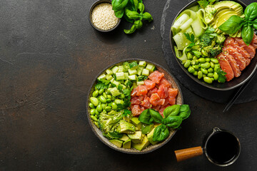 salmon, avocado and edamame bean bowl