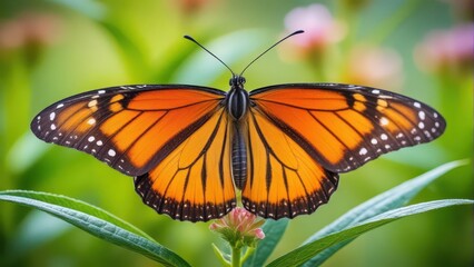 Fototapeta premium Delicate wingspan of a monarch butterfly on a leaf