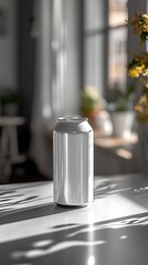 Silver soda can on a table with dappled sunlight and shadows