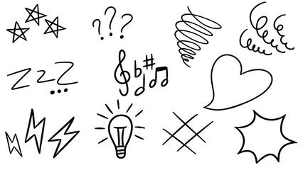 Hand-drawn doodles of stars, hearts, speech bubbles, and lightning bolts in black, playful pattern, whimsical design