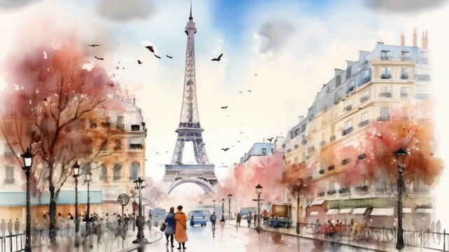 A watercolor-style video concept of Paris in autumn, featuring the Eiffel Tower. Captured from a street-level angle, showcasing vibrant foliage and bustling life. Live desktop wallpaper.