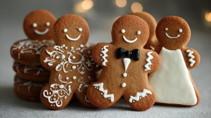 Smiling gingerbread cookies, some decorated with white icing, against blurred bokeh lights