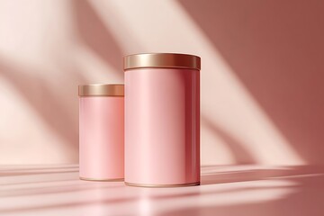 Two elegant pink travel mugs with gold lids on a pink background