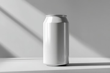 Minimalist white soda can with soft shadows and light