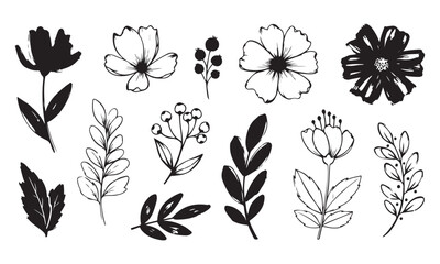 Vector art of collection of hand drawn flowers and leaves