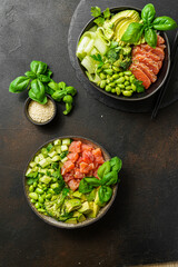 salmon, avocado and edamame bean bowl