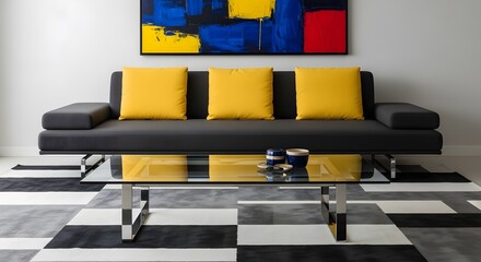 Modern Minimalist Living Room with Yellow Pillows and Abstract Artwork