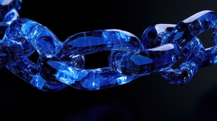 Abstract 3D blue glass chain against black background. Possible use Stock photo for technology, science, or design concepts