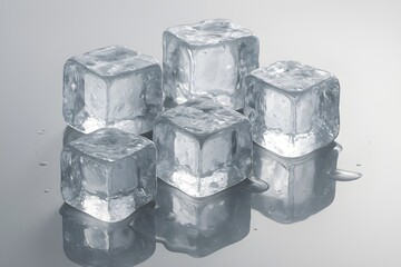Transparent ice cubes melting on reflective glass surface