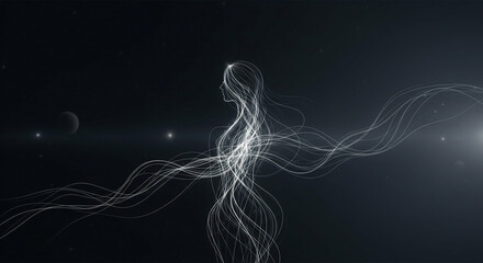 Ethereal Woman Silhouette Formed by Dynamic Glowing Light Trails in a Starry Cosmic Space