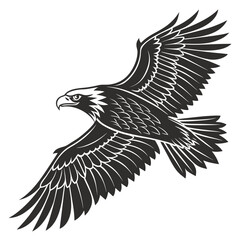 Obraz premium A majestic bald eagle soaring with wings spread wide in a bold, black and white vector illustration.