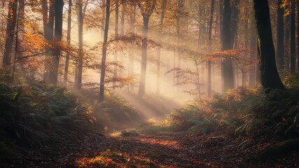 Golden Sunbeams Pierce Autumn Forest Canopy Illuminating a Leaf-Covered Path - Powered by Adobe