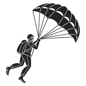 Black and white silhouette illustration of a skydiver with an open parachute during landing.