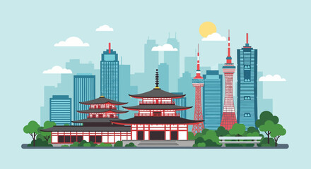 Obraz premium traditional japanese architecture amidst tokyo skyline with modern buildings illustrating japans blend of history and innovation perfect for travel blog