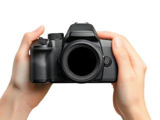 Hands holding a black DSLR camera centered against a dark background