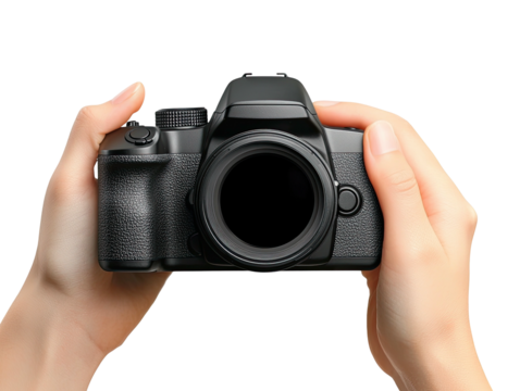 Hands holding a black DSLR camera centered against a dark background