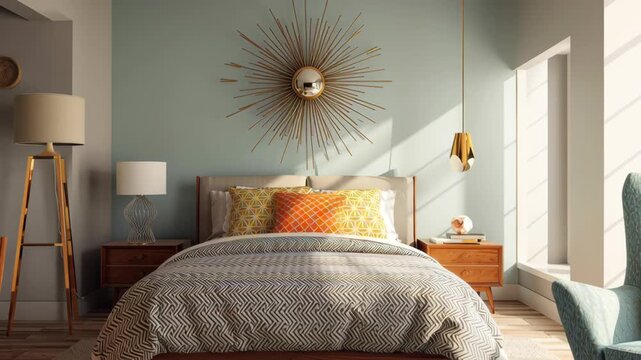 A bedroom with a bed, dresser, and chair. The bed is covered with a striped comforter. Mid-century modern bedroom, starburst wall clock, accent chair, mid century sunlight streaming in