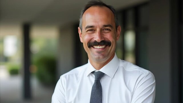 Smiling 45 years old banker, happy middle aged hispanic latino business man bank manager, mid adult professional businessman ceo executive in office