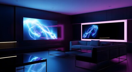 Futuristic Living Room Interior with Neon Blue and Pink Lighting, Modern Lounge Design