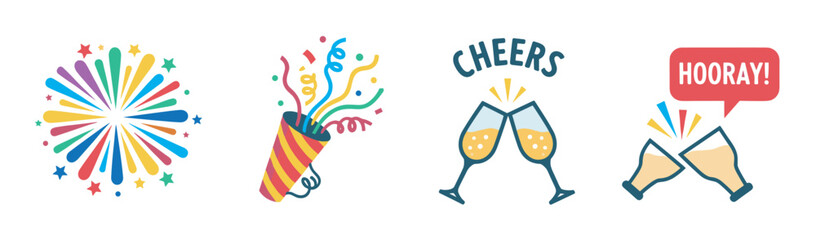 Colorful celebration icons featuring a burst of fireworks, a party popper with confetti, and clinking glasses with the words 