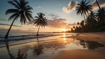 Fototapeta premium Silhouette of coconut palm trees on tropical beach at sunset