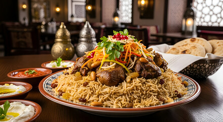 Traditional Middle Eastern Lamb Mandi with Rice and Garnishes.