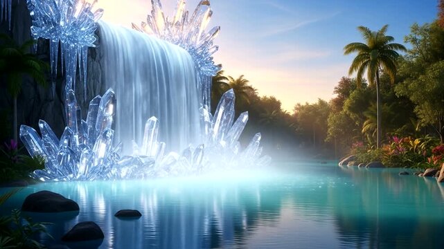 Majestic waterfall cascading over crystal formations in a serene tropical landscape at sunset