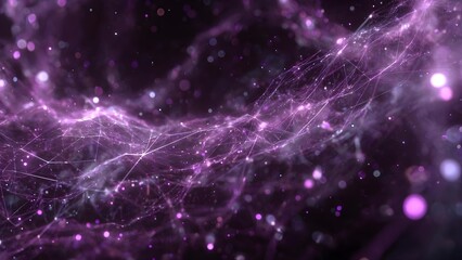 Abstract purple network of glowing lines and nodes, resembling a neural or fiber-optic web across space. Concept Abstract purple neural network, Glowing lines and nodes, Fiber-optic space web