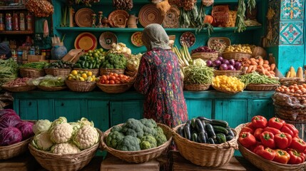 Fototapeta premium Smiling older farmer woman selling colorful fresh vegetables at a traditional market