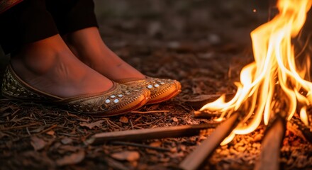 Close-Up of a Woman's Feet in Gold Flats Warmed by a Campfire Glow, Surrounded by Flickering Flames and Nature's Rustic Debris