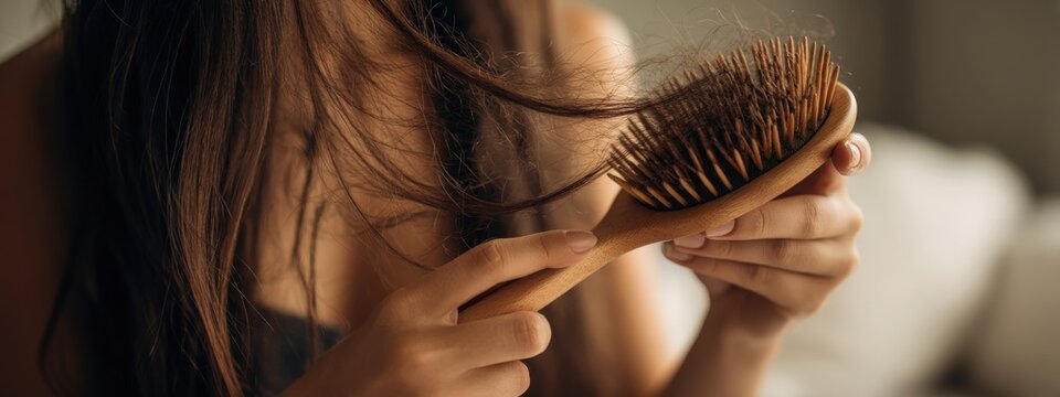 Woman brushing her hair and discovering severe hair loss and balding