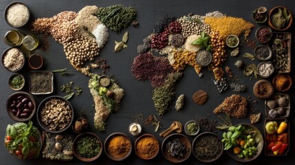 World map created from grains, beans, spices, and vegetables, symbolizing global cuisine
